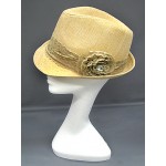 Fedora Straw Hat w/ Lace Trim Corsage - Beige - HT-1184BE